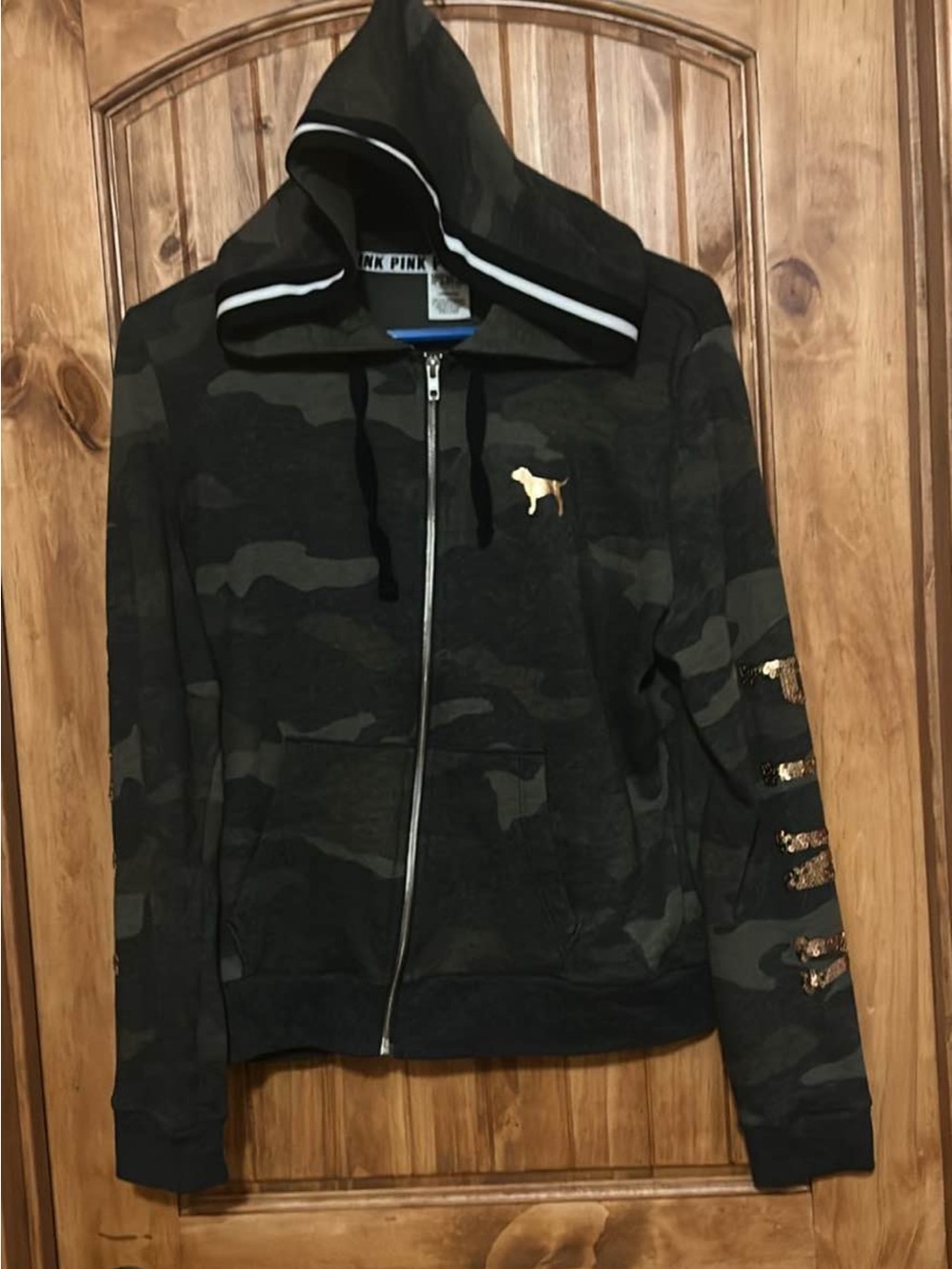 PINK by Victoria's Secret Camo Zip Hoodie with Gold Dog Logo